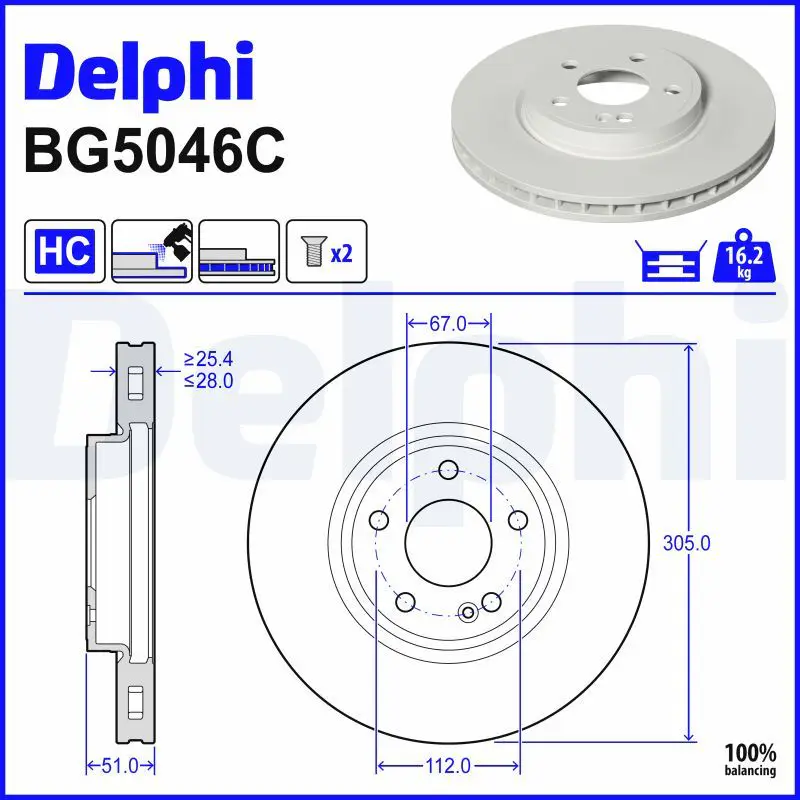 Mercedes W118 Brake Disc Front Pneumatic 305mm | DELPHI BG5046C