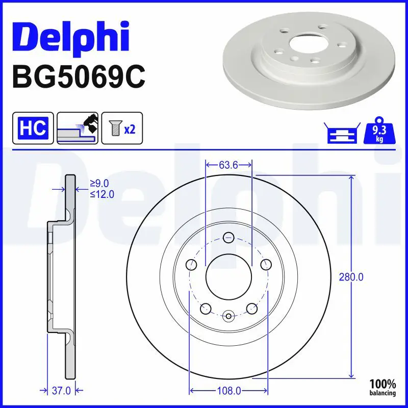 Mercedes W223 Brake Disc Rear Solid 280mm | DELPHI BG5069C