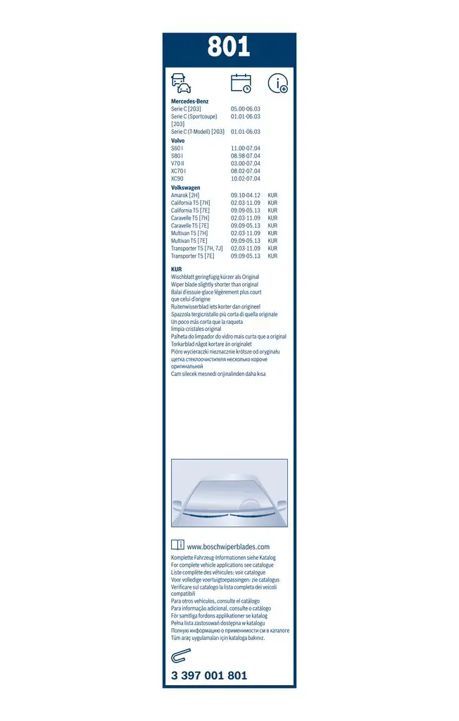 Mercedes W203 C 220CDI Silecek Lastiği Set | BOSCH 3397001801