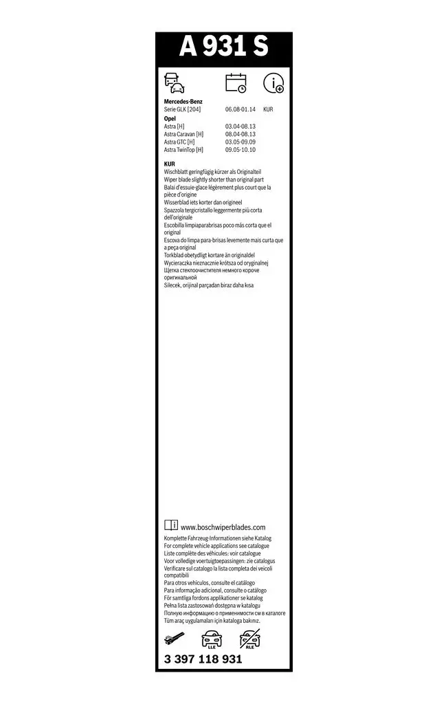 Mercedes W204 GLK 280 Wiper Set | BOSCH 3397118931