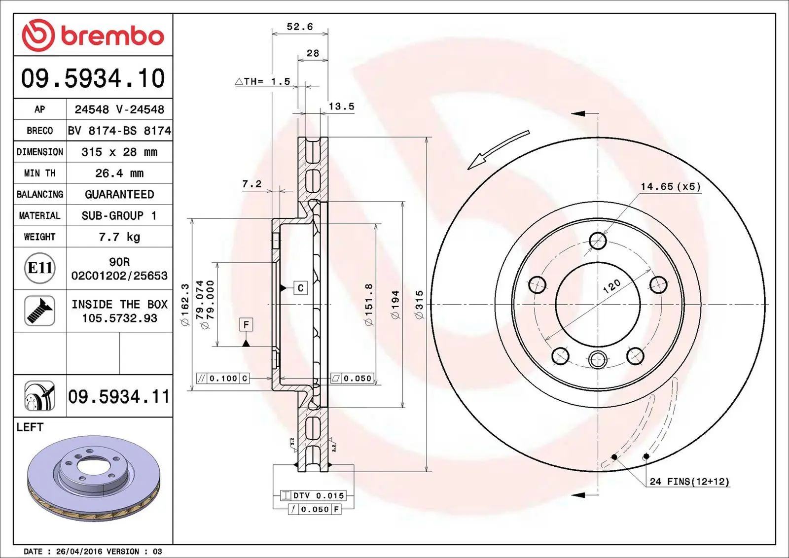 BMW 3 Serisi E36 M Sol ön Fren Diski Havalandırmalı | BREMBO 09593411