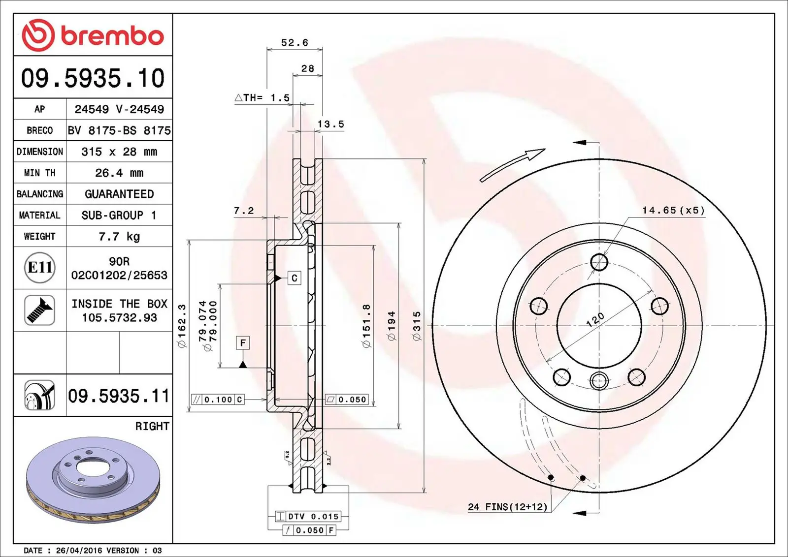 BMW 3 Serisi E36 M3 3.0 Sağ ön Fren Diski Havalandırmalı | BREMBO 09593511
