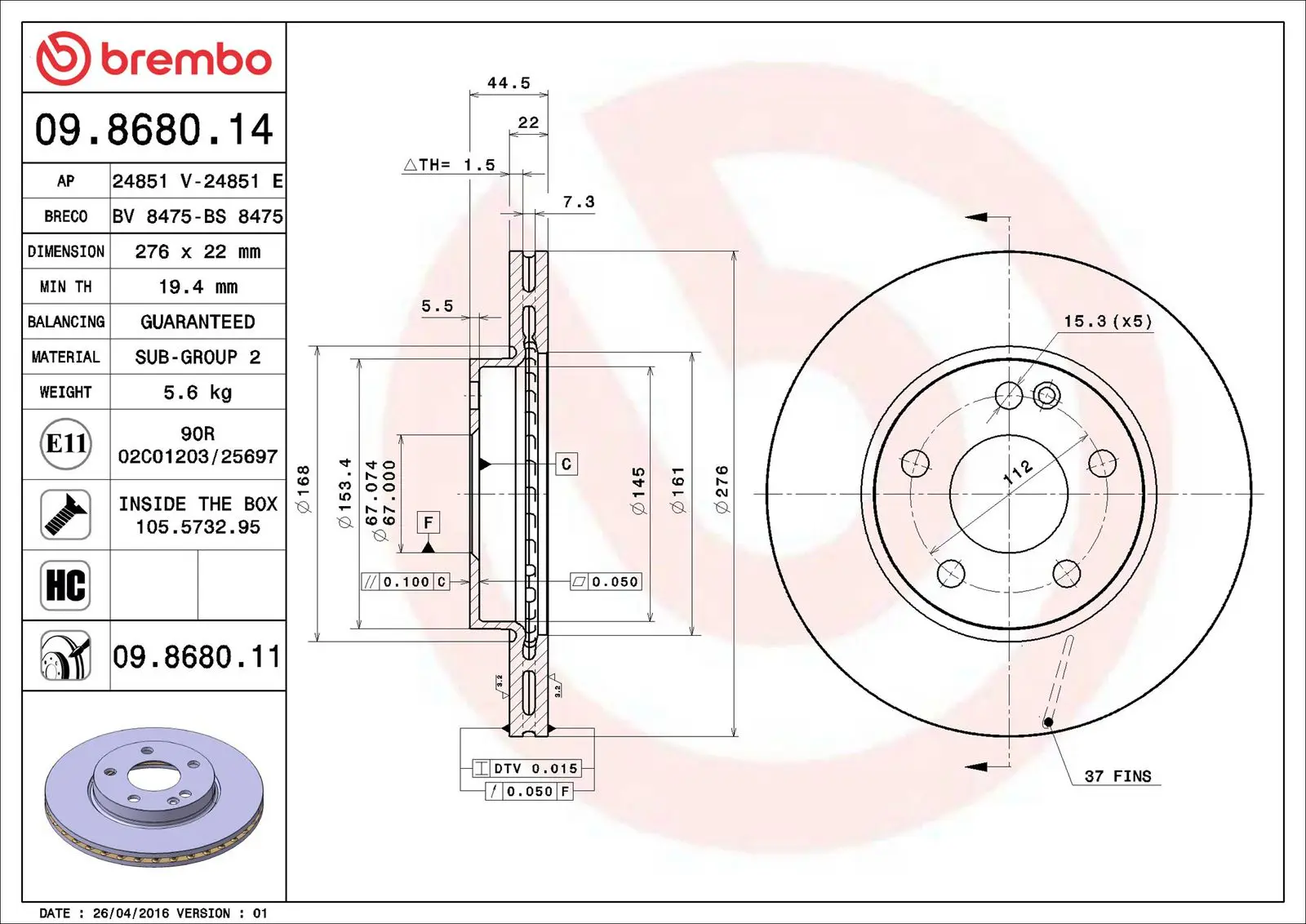 Mercedes A Serisi W169 A 160 CDI Ön Fren Diski Havalandırmalı | BREMBO 09868014