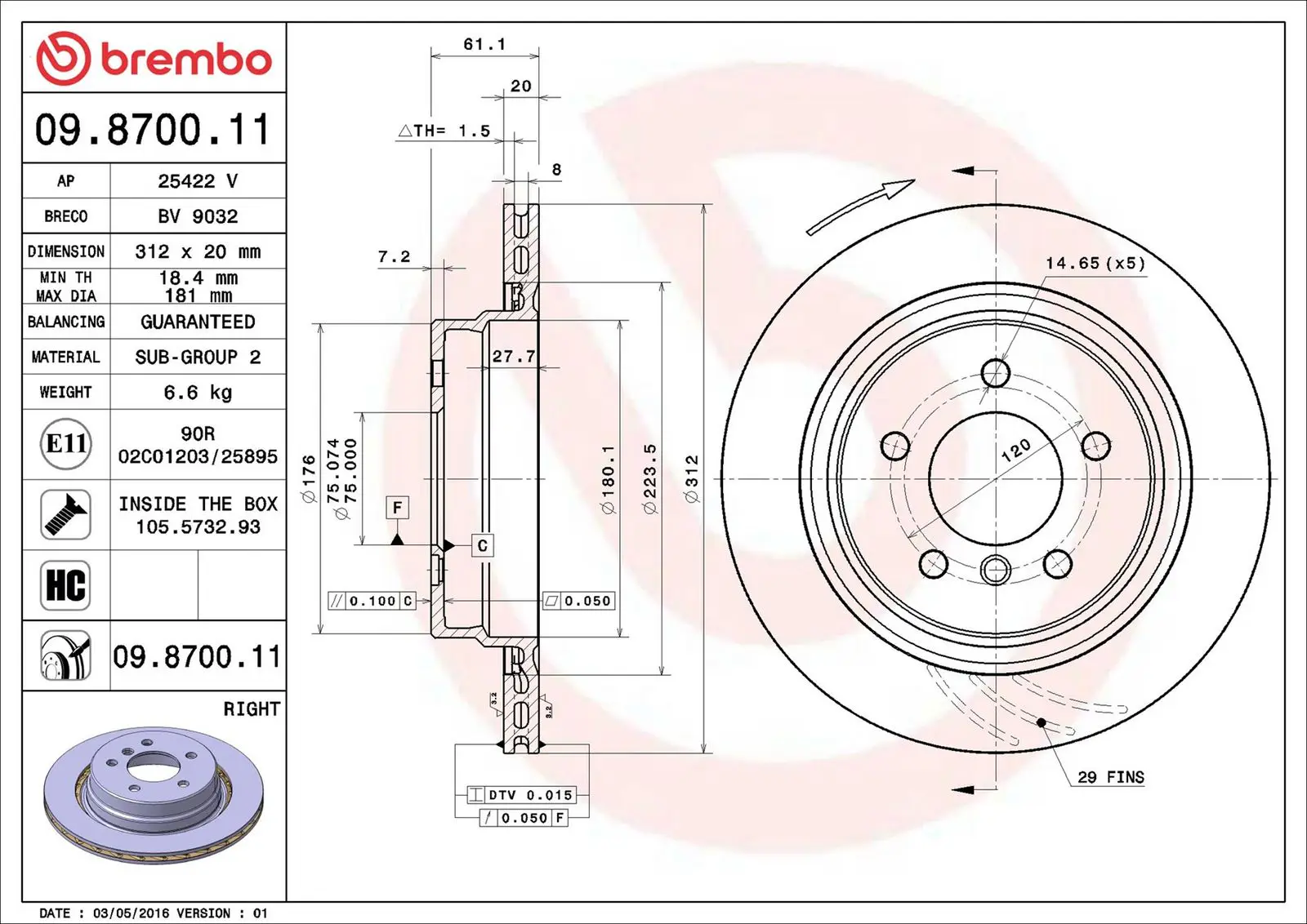 BMW 3 Serisi E36 M3 3.2 Sağ arka Fren Diski Havalandırmalı | BREMBO 09870011
