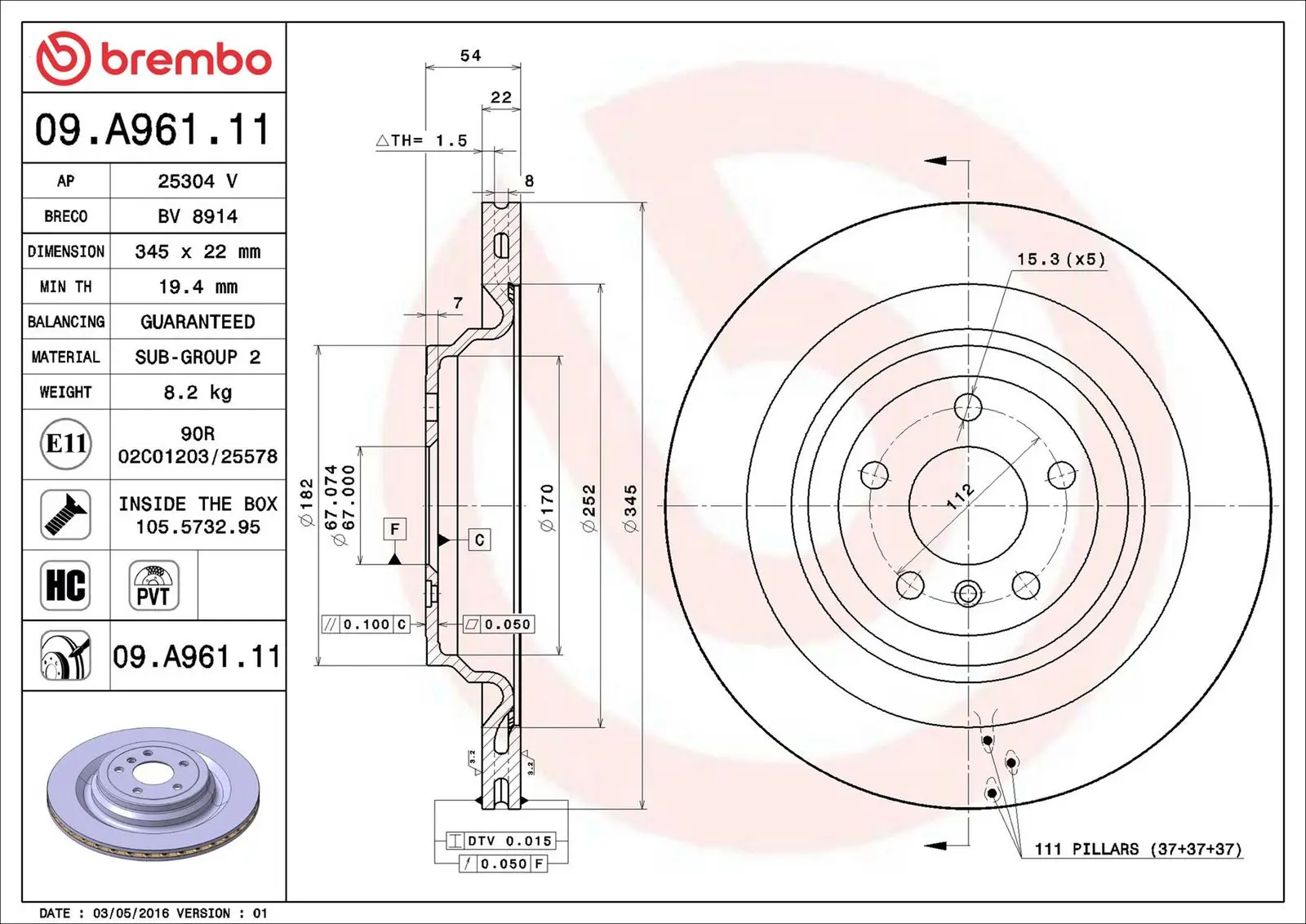 Mercedes W166 Arka Fren Diski 345mm | BREMBO 09A96111
