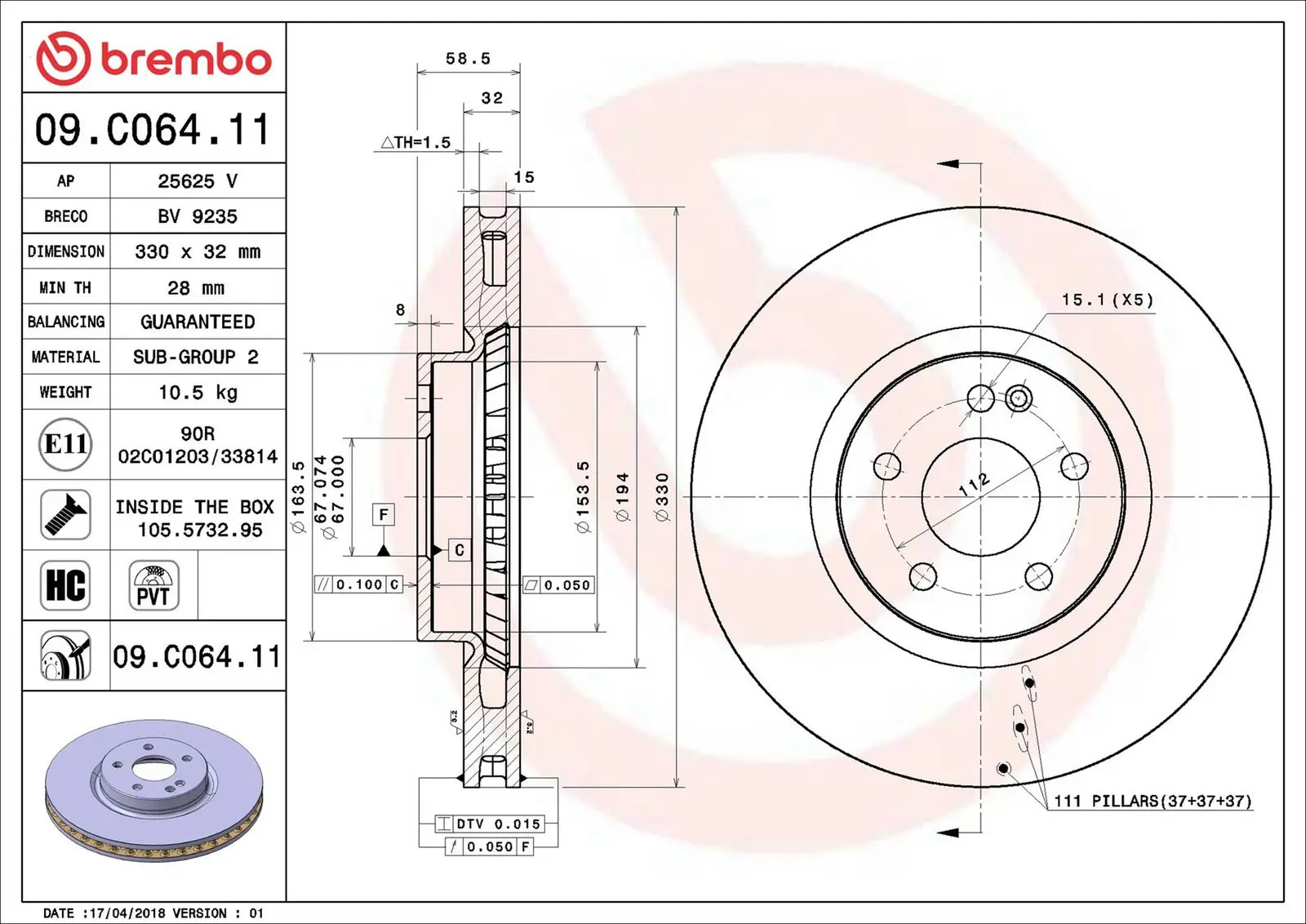 Mercedes Vito Series W447 200 CDI Front Brake Disc Vented | BREMBO 09C06411