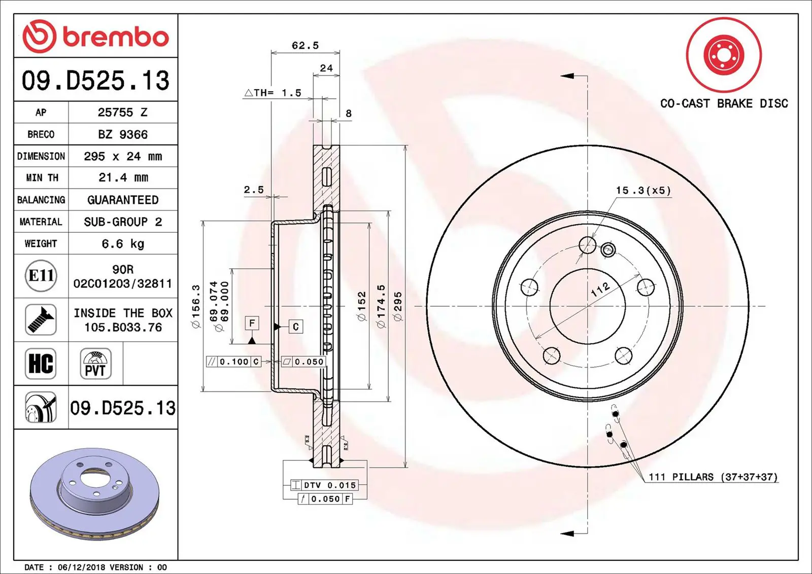 Mercedes W205 Ön Co-Cast Fren Diski 295mm | BREMBO 09D52513