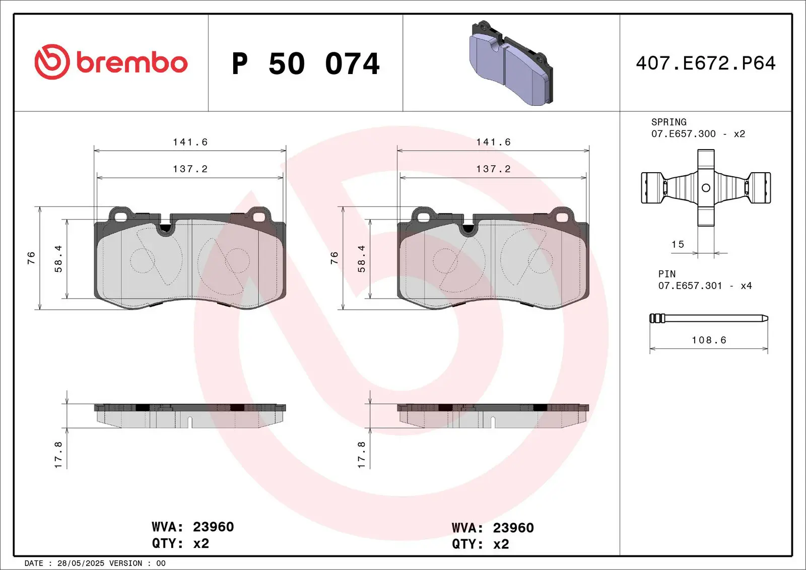 Mercedes S Series W221 S 500 CGI Front Brake Brake Pad | BREMBO P50074