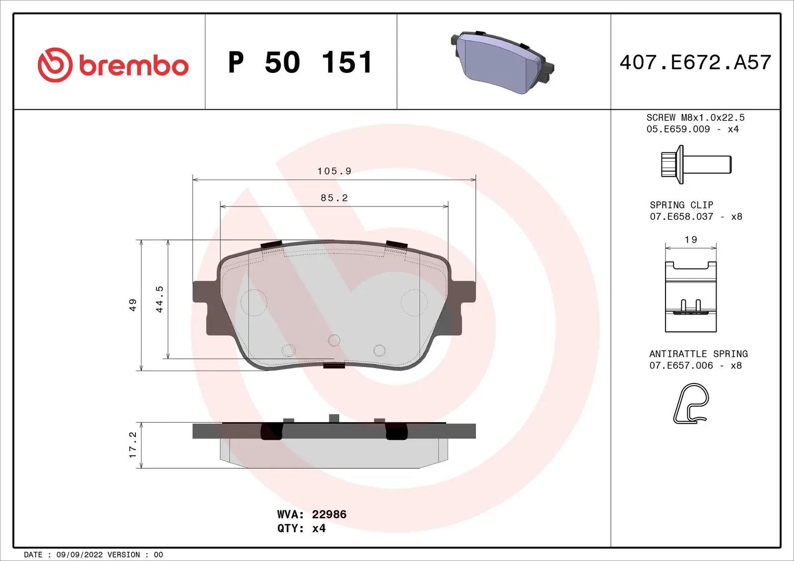 Mercedes A Series W177 AMG A 45 S 4-matic+ Rear Brake Brake Pad | BREMBO P50151