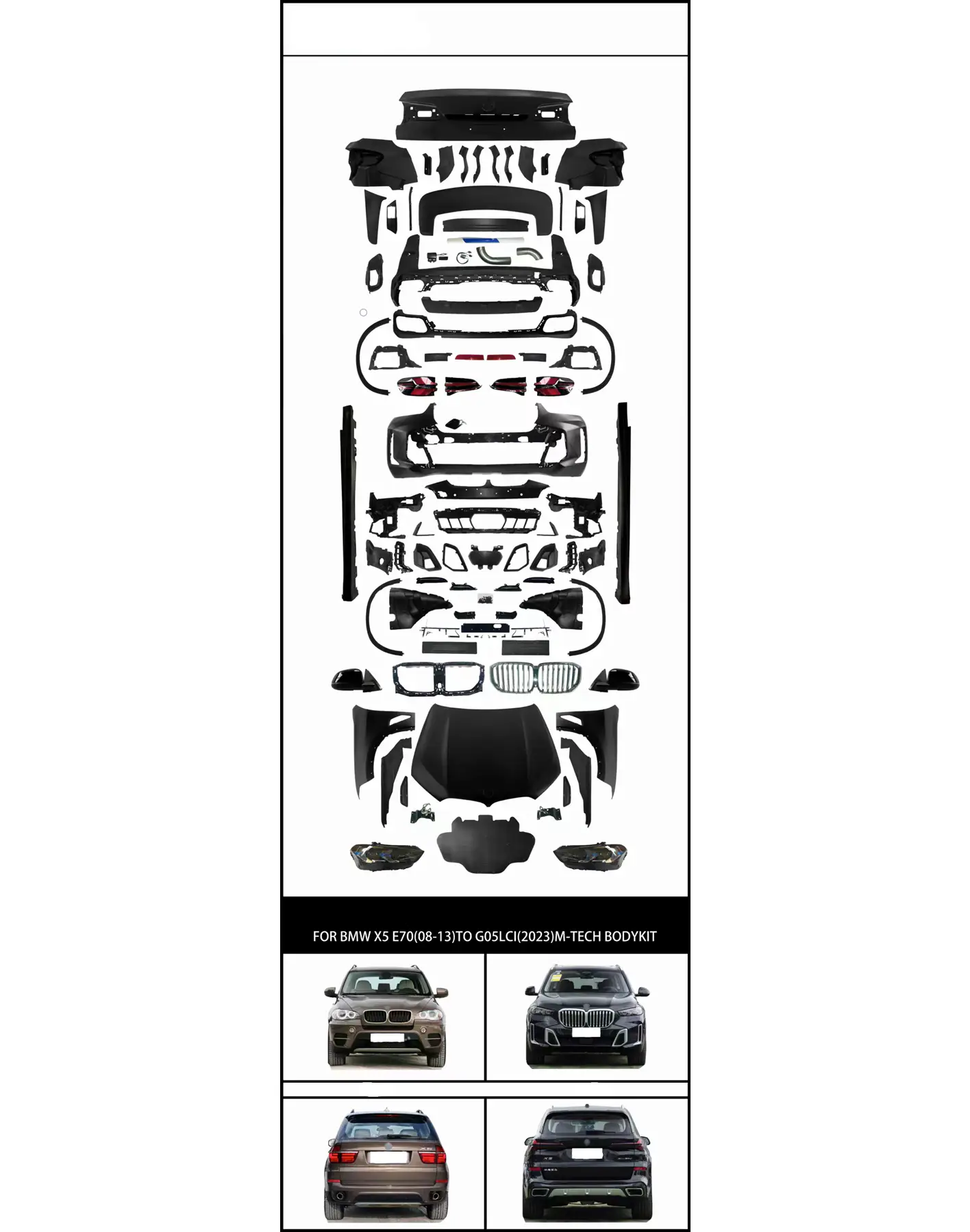 BMW X5 Serisi E70 2007-2013 Komple Gövde Kiti [DONUSUM => X5:G05-LCI] PDCli:Ön/Arka, <O-O> Egz.Uçlu, Mrşp-li, Panj-lu, Kaput/Çamurluk/Bagaj Kap., Far/Stop, Dodikler -M-Tech- 2007-13 | WENDER BA0702202