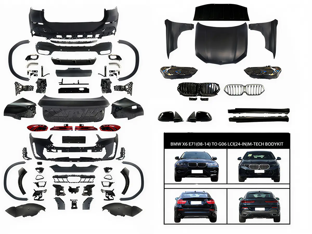 BMW X6 Serisi E71 2007-2014 Komple Gövde Kiti [DONUSUM => X6:G06-LCI] PDCli:Ön/Arka, <O-O> Egz.Uçlu, Panj-lu, Kaput/Çamurluk/Bagaj Kap., Far/Stop, Dodikler -M-Tech- 2007-14 | WENDER BA0712202