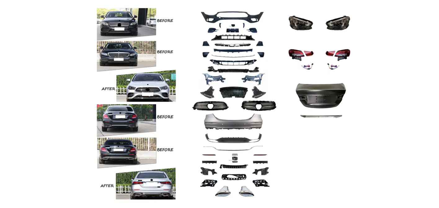 Mercedes E Serisi W213 2017- Komple Gövde Kiti [2016-19 DONUSUM => 2020-...] Park Sensörü: Ön ve Arka, Çift Egzoz Çıkışlı (Tek+Tek) Egzoz Uçlu, Bagaj Kap., Far/Stop | WENDER MA2132204