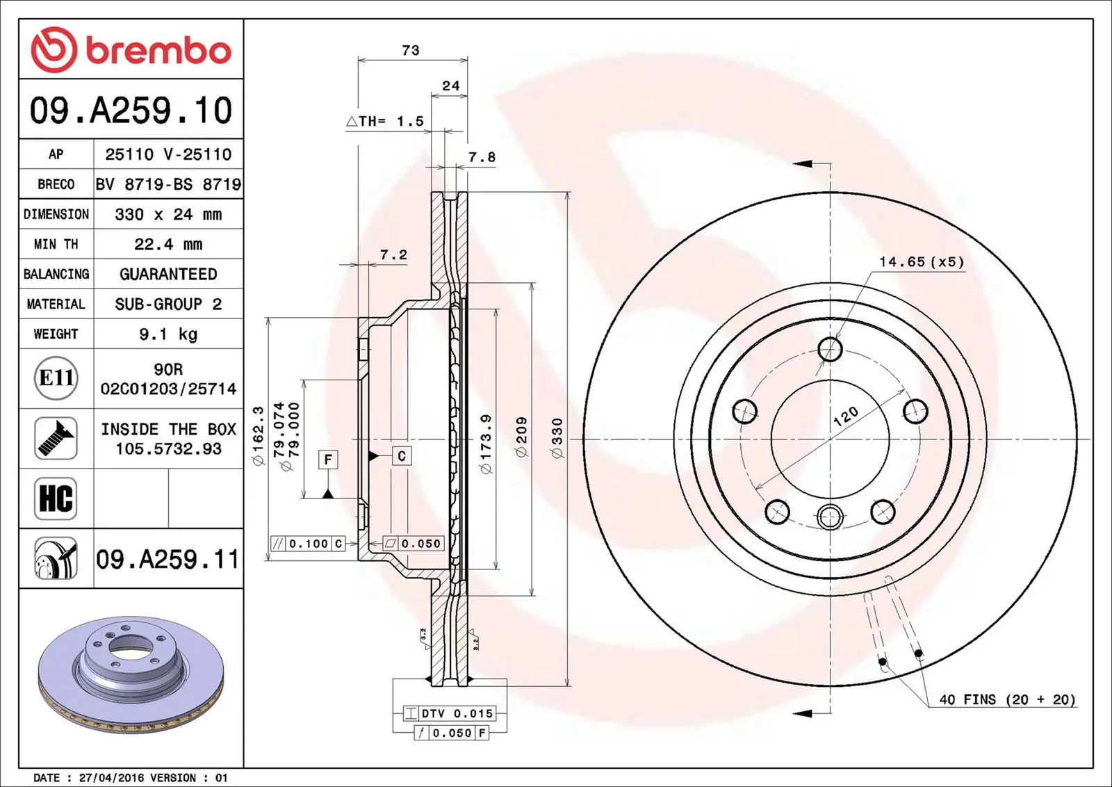 BMW 3 Series E90 330 xd Front Brake Disc Vented | BREMBO 09A25911