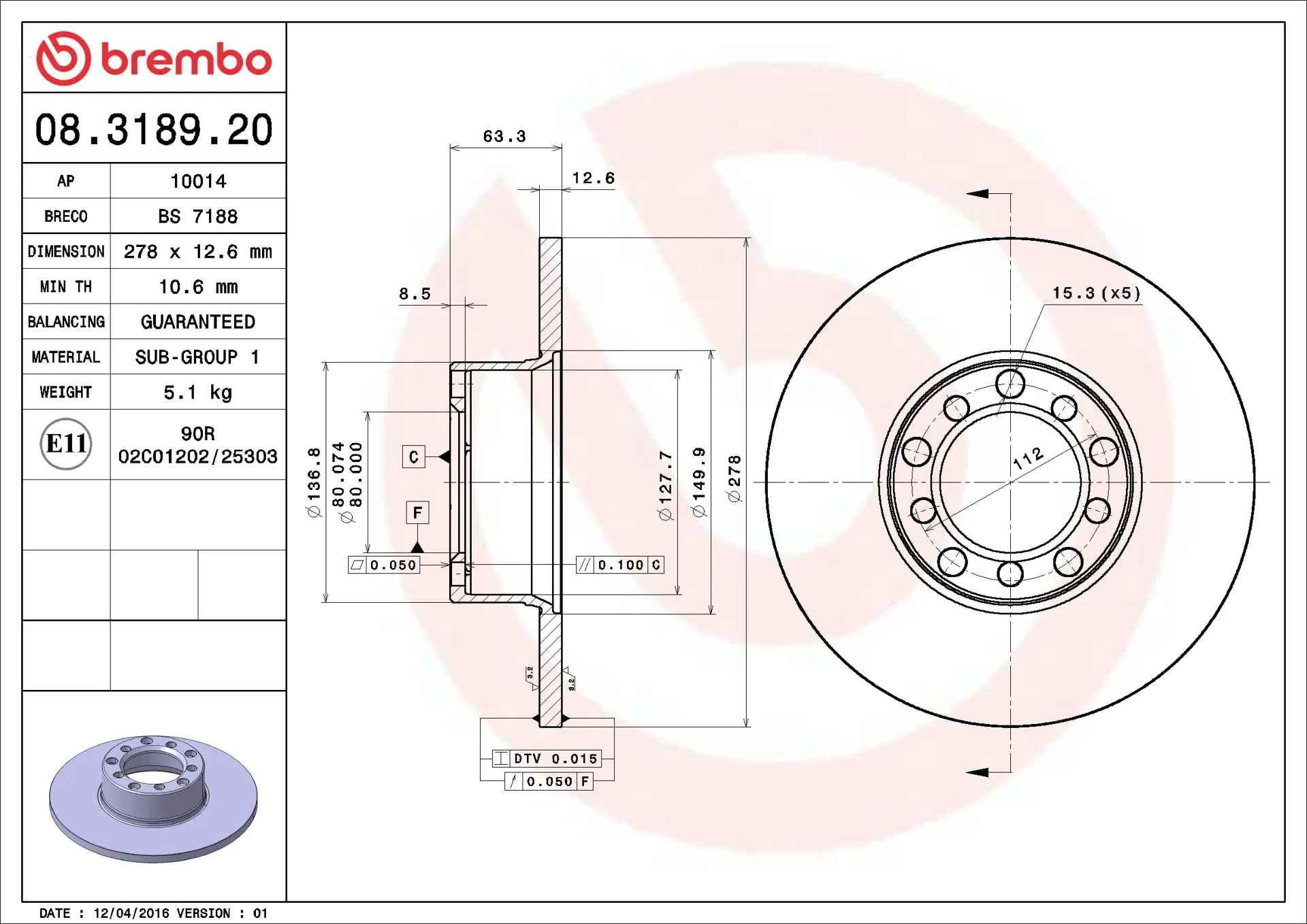 Mercedes W123 Kasa 230 Ön Fren Diski | BREMBO 08318920
