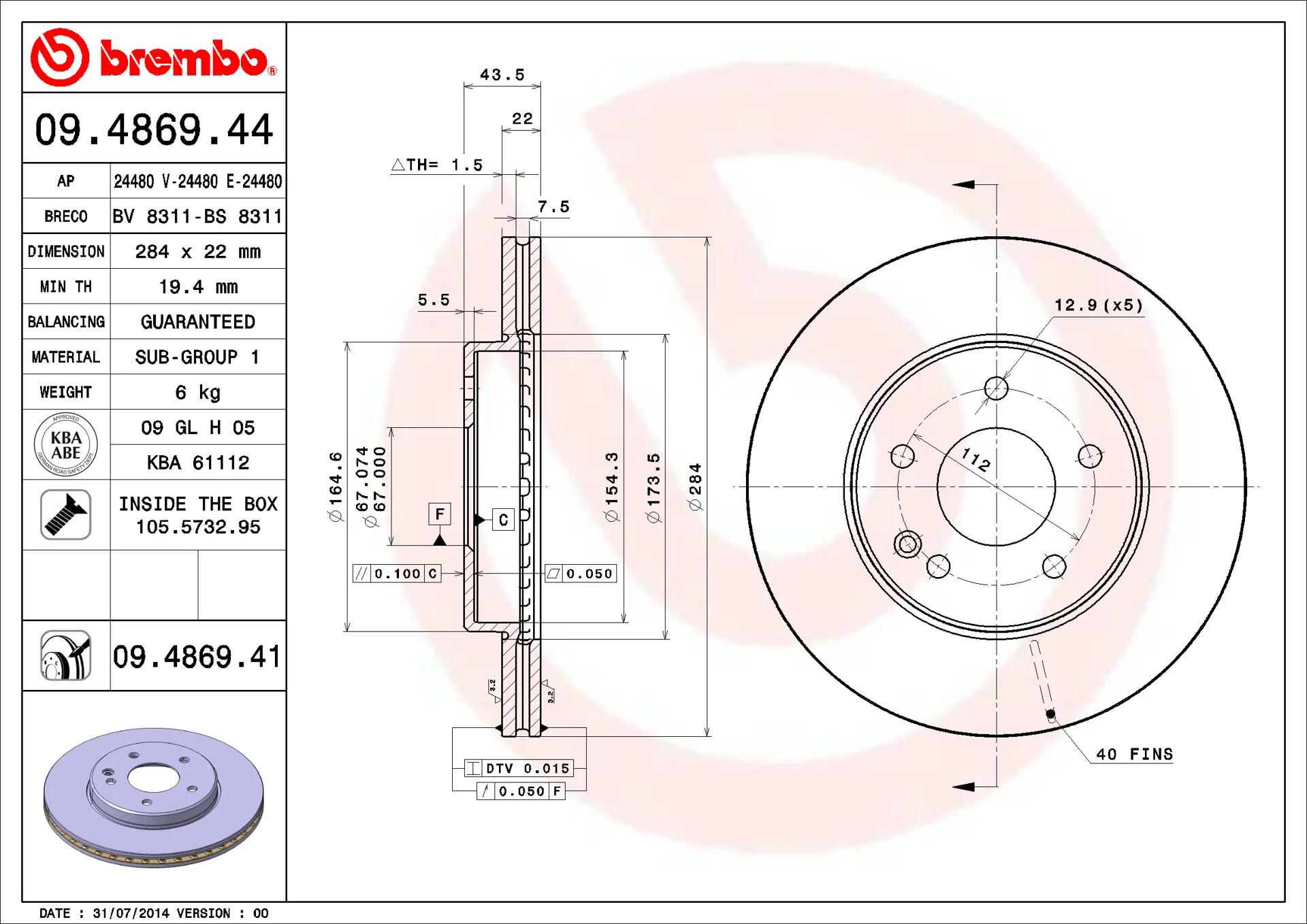 Mercedes C Serisi W202 C 220 CDI Ön Fren Diski Havalandırmalı | BREMBO 09486941