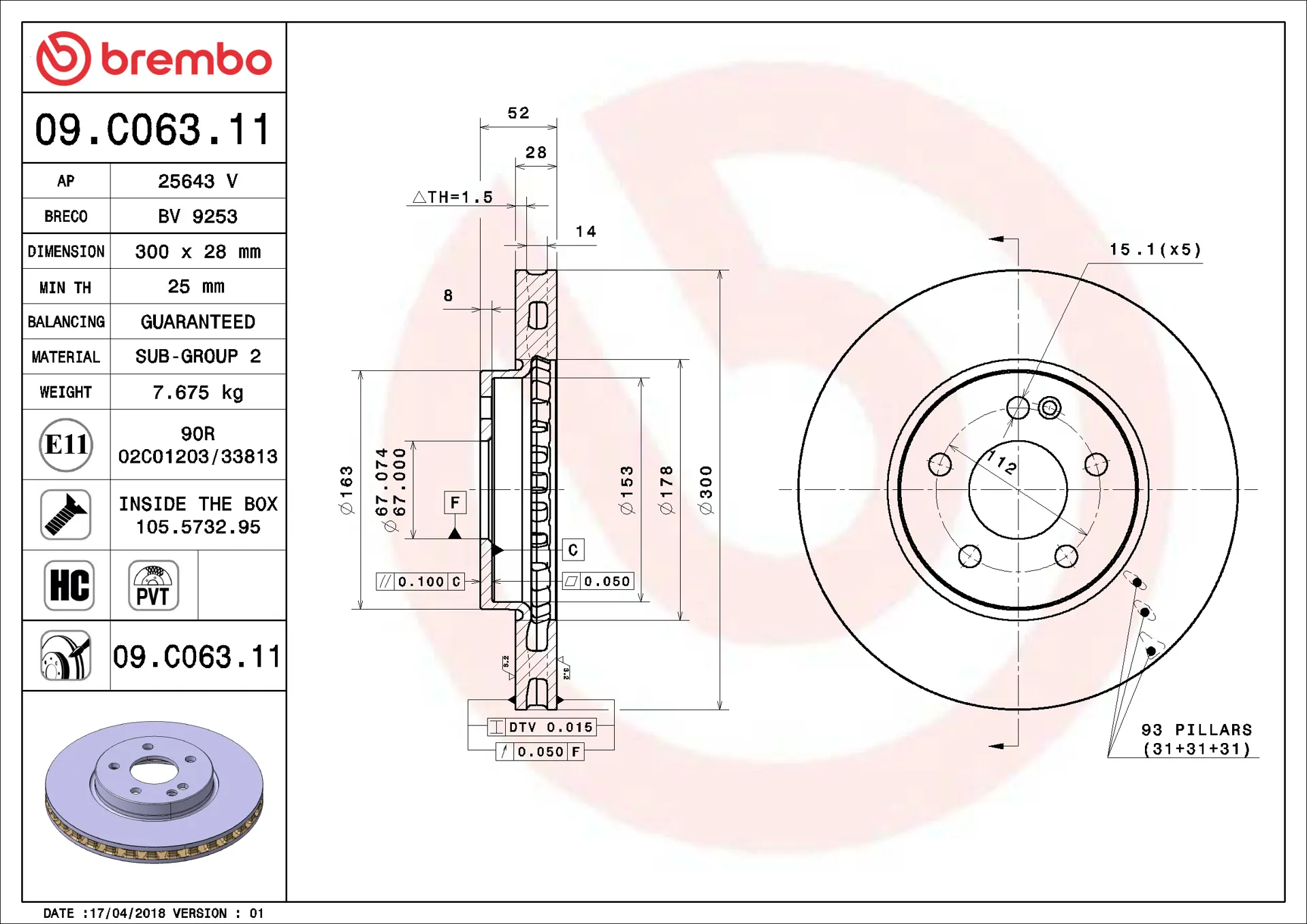 Mercedes Vito Serisi W447 111 CDI / 111 BlueTEC Ön Fren Diski Havalandırmalı | BREMBO 09C06311