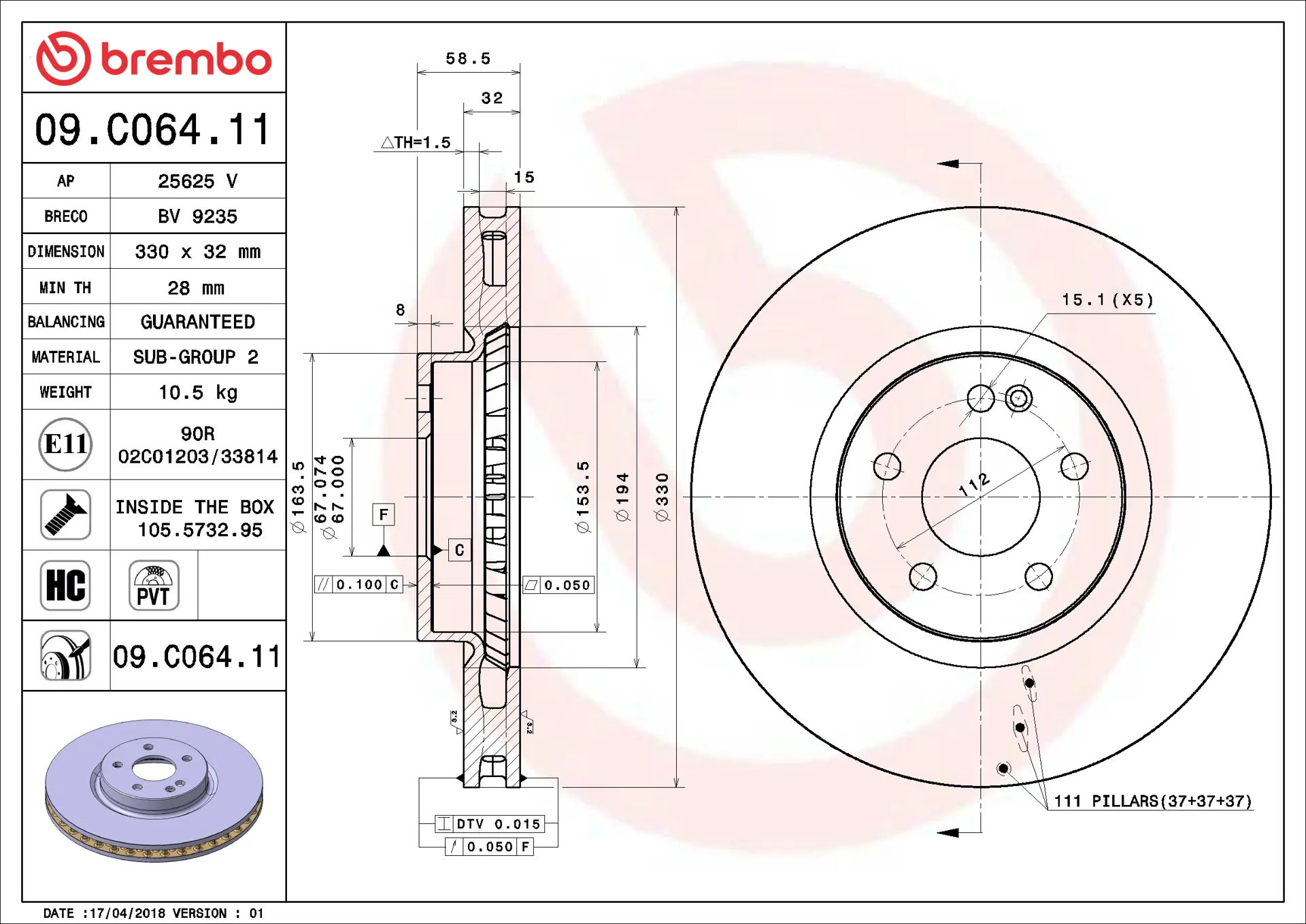 Mercedes Vito Serisi W447 V 250 CDI / d 4-matic Ön Fren Diski Havalandırmalı | BREMBO 09C06411