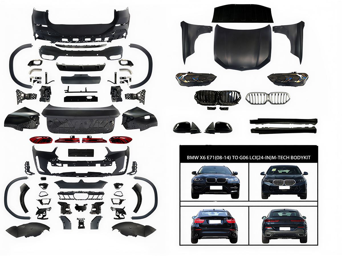 BMW X6 Serisi E71 2007-2014 Komple Gövde Kiti [DONUSUM => X6:G06-LCI] PDCli:Ön/Arka, <O-O> Egz.Uçlu, Panj-lu, Kaput/Çamurluk/Bagaj Kap., Far/Stop, Dodikler -M-Tech- 2007-14 | WENDER BA0712202