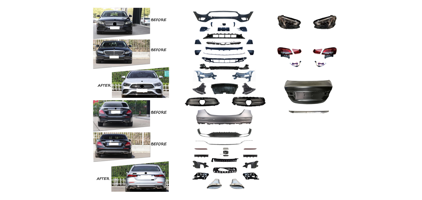 Mercedes E Serisi W213 2017- Komple Gövde Kiti [2016-19 DONUSUM => 2020-...] Park Sensörü: Ön ve Arka, Çift Egzoz Çıkışlı (Tek+Tek) Egzoz Uçlu, Bagaj Kap., Far/Stop | WENDER MA2132204