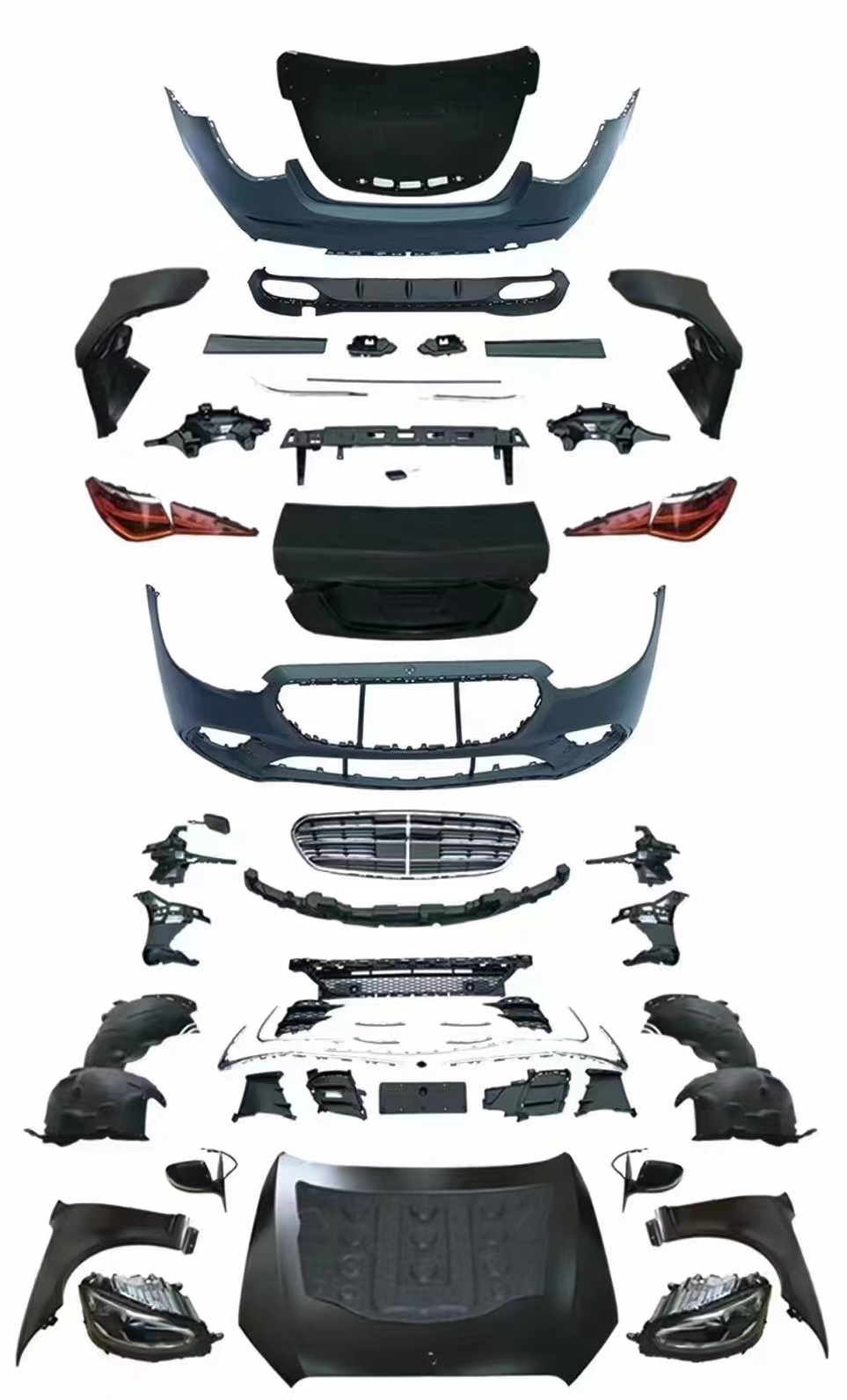 Mercedes S Serisi W221 2006-2013 Komple Gövde Kiti [DONUSUM => W223] Çift Egzoz Çıkışlı (Tek+Tek) Egzoz Uçlu, Panjururlu, Kaput/Çamurluk/Bagaj Kap., Far/Stop, Aynalar | WENDER MA2212211
